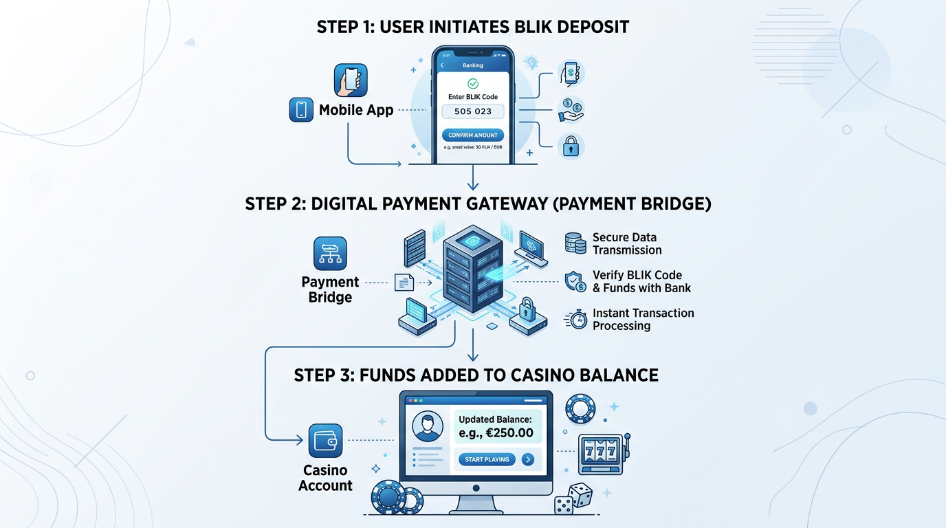 Infografika przedstawiająca proces wpłaty depozytu BLIK do kasyna przez pośrednika płatności