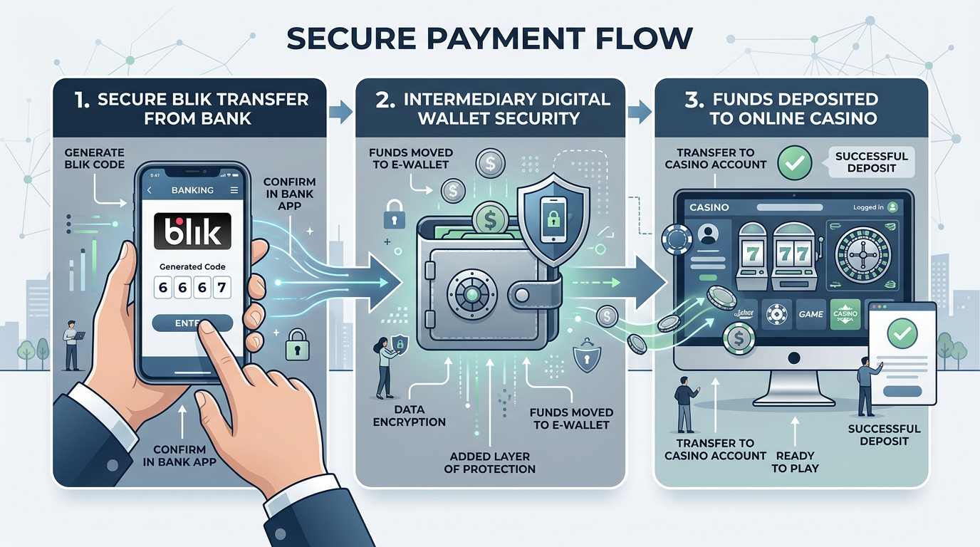 Infografika przedstawiająca proces bezpiecznej płatności BLIK w kasynie online przez portfel elektroniczny