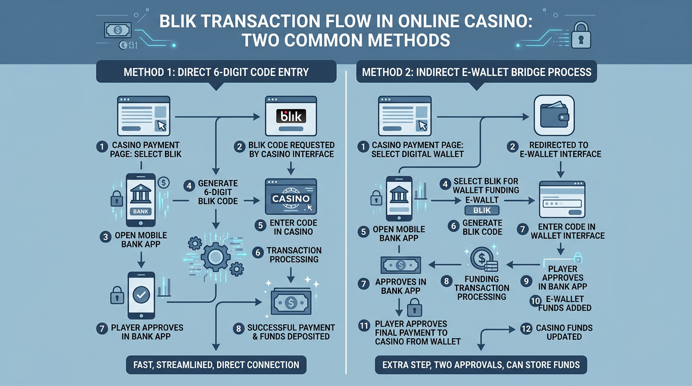 Infografika przedstawiająca proces depozytu BLIK bezpośrednio oraz przez portfel elektroniczny