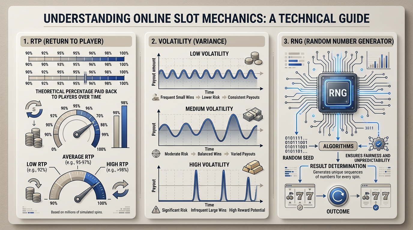 Infografika przedstawiająca parametry RTP, zmienność oraz mechanizm RNG w wypłacalnych kasynach internetowych