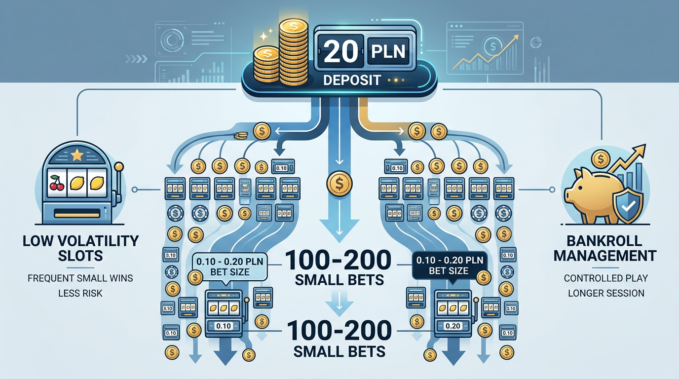 Infografika przedstawiająca strategię gry niskimi stawkami (micro-stakes) przy depozycie 20 PLN