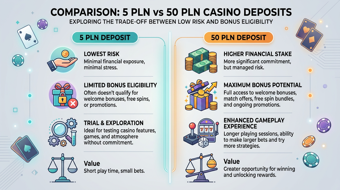 Infografika porównująca zalety i ograniczenia depozytu 5 zł w kasynie online